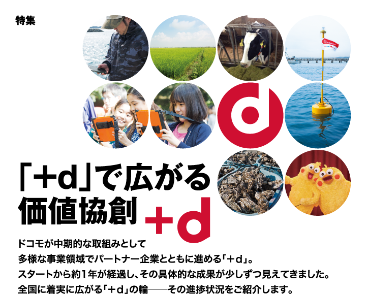 特集「+d」で広がる価値協創 ドコモが中期的な取組みとして多様な事業領域でパートナー企業とともに進める「+d」。スタートから約1年が経過し、その具体的な成果が少しずつ見えてきました。全国に着実に広がる「+d」の輪──その進捗状況をご紹介します。