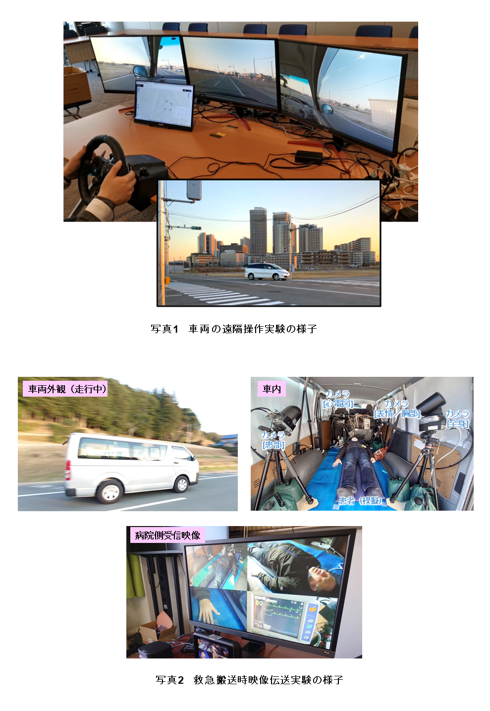 写真1 車両の遠隔操作実験の様子 写真2 救急搬送時映像伝送実験の様子