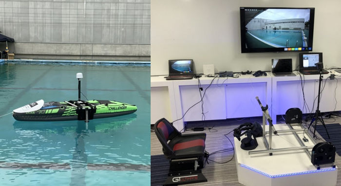 Photos: Remote kayak system utilizing 5G x BodySharing &mdash; Remotely operate robotic kayak while experiencing floating and paddling sensations &mdash;