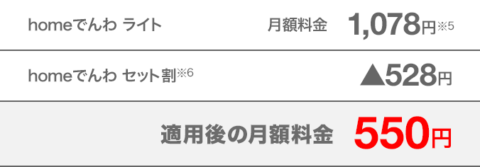 homeでんわライト 月額料金 1,078円(税込)※5 homeでんわセット割※6 月額528円割引(税込) 適用後の月額料金 550円(税込)
