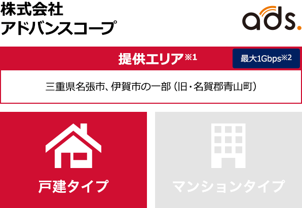 株式会社アドバンスコープ【提供エリア】三重県名張市、伊賀市の一部(旧・名賀郡青山町) 最大1Gbps 【戸建タイプ】