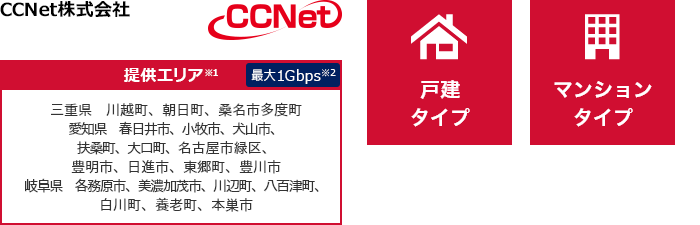 CCNet株式会社【提供エリア】三重県 川越町、朝日町、桑名市多度町 愛知県 春日井市、小牧市、犬山市、扶桑町、大口町、名古屋市緑区、豊明市、日進市、東郷町、豊川市 岐阜県 各務原市、美濃加茂市、川辺町、八百津町、白川町、養老町、本巣市 最大1Gbps 【戸建タイプ】【マンションタイプ】