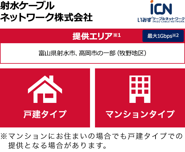 射水ケーブルネットワーク株式会社【提供エリア】富山県射水市、高岡市の一部(牧野地区) 最大1Gbps 【戸建タイプ】【マンションタイプ】 ※マンションにお住まいの場合でも戸建タイプでの提供となる場合があります。