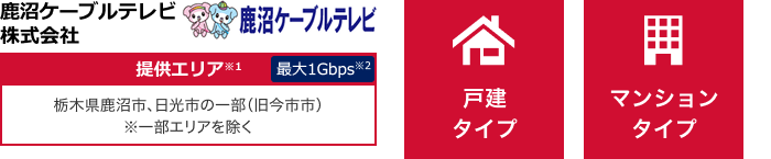 鹿沼ケーブルテレビ株式会社【提供エリア】栃木県鹿沼市、日光市の一部(旧今市市)※一部エリアを除く 最大1Gbps 【戸建タイプ】【マンションタイプ】