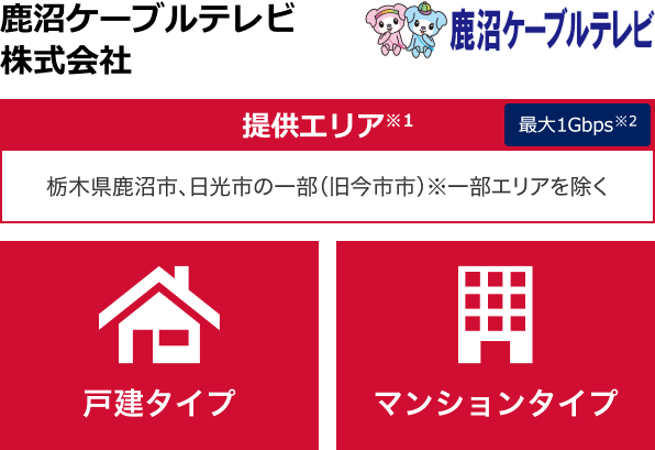 鹿沼ケーブルテレビ株式会社【提供エリア】栃木県鹿沼市、日光市の一部(旧今市市)※一部エリアを除く 最大1Gbps 【戸建タイプ】【マンションタイプ】