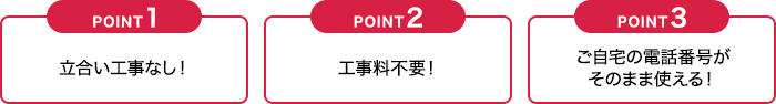 POINT1立合い工事なし! POINT2工事料不要! POINT3ご自宅の電話番号がそのまま使える!