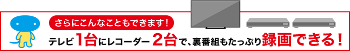 さらにこんなこともできます!テレビ1台にレコーダー2台で、裏番組もたっぷり録画できる!