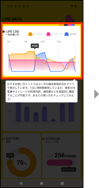 おすすめ使い方ヒントではユーザーの端末使用状況をグラフで表示しています。1日に何時間使用しているか、端末の充電量やストレージの利用内訳、通信料などを視覚的に確認することが可能です。あなたの使い方をチェックしてみよう!