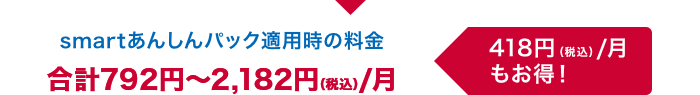 smartあんしんパック適用時の料金は、月額合計792円~2,182円(税込)。毎月418円(税込)もお得!