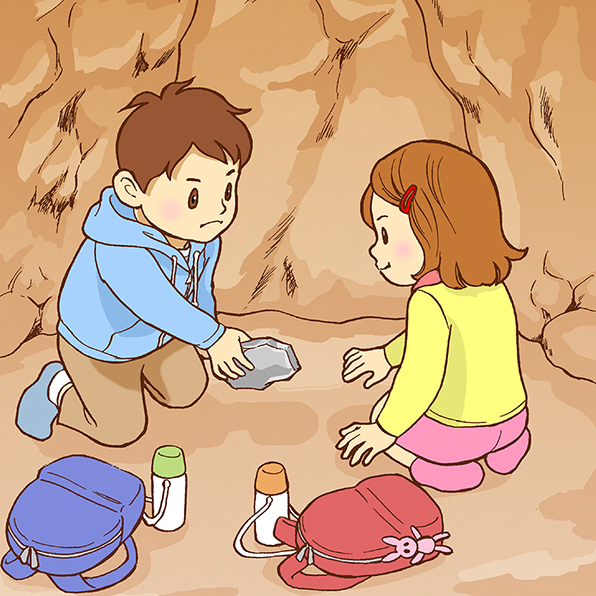 イラスト:光る石板を見つけたハルとアキ